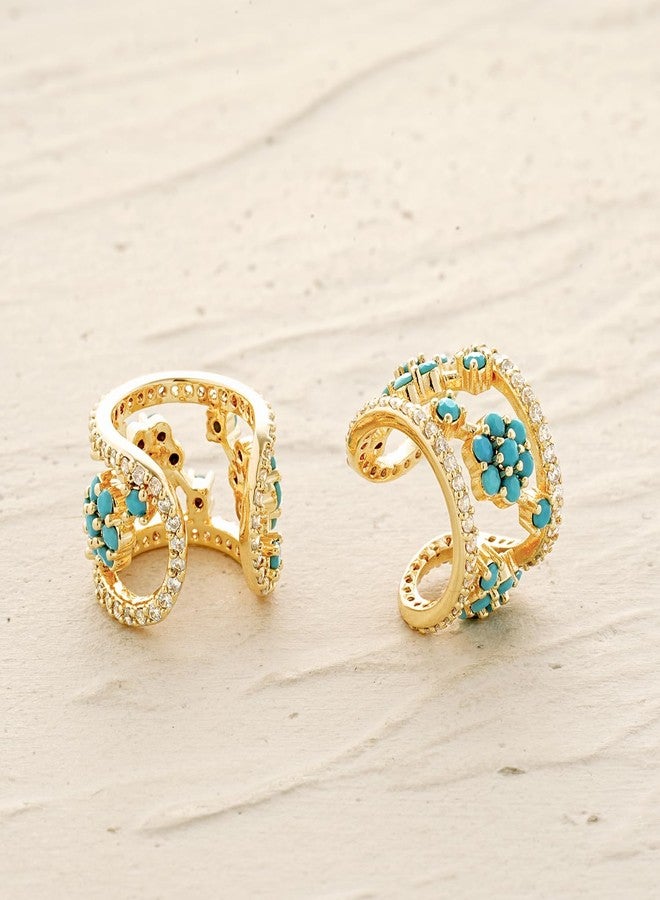 MYEARS Women Ear Cuff Earrings Gold Non Pierced Cartilage Clip on Open Wrap Trio Flower Hoop Turquoise Cubic Zirconia 14K Gold Plated Simple Hypoallergenic Everyday Jewelry - Image 5